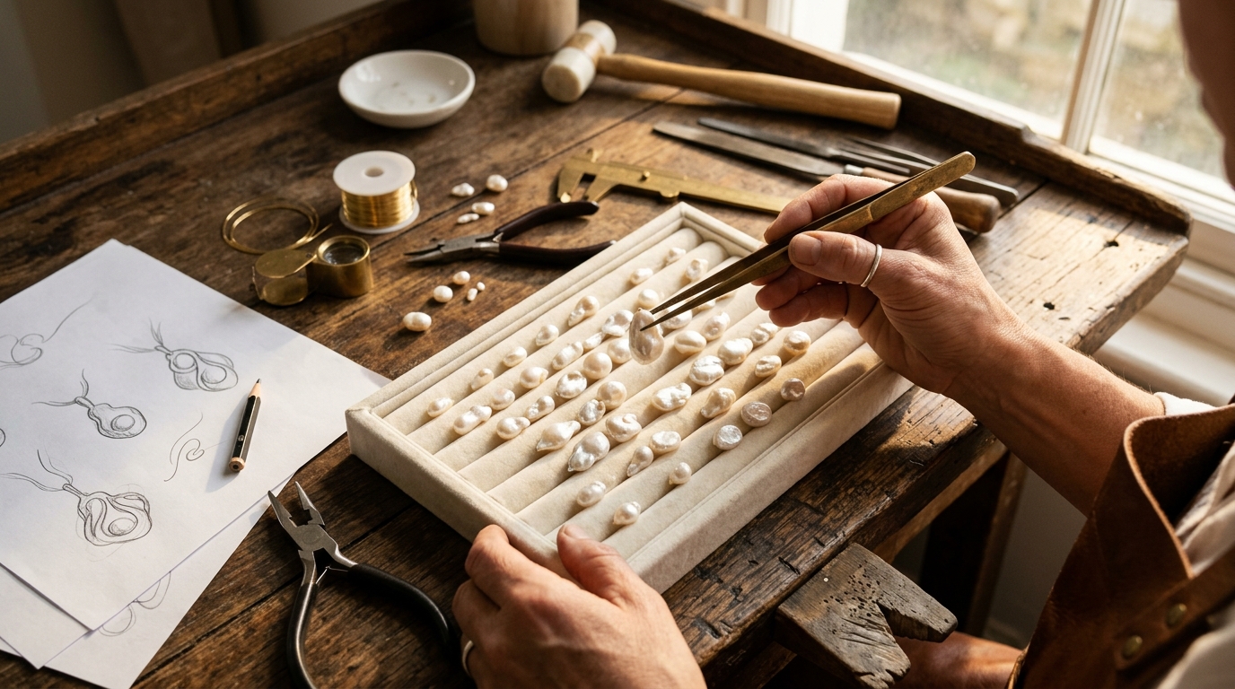 Artisan jeweler selecting freshwater pearls at Montreal workbench