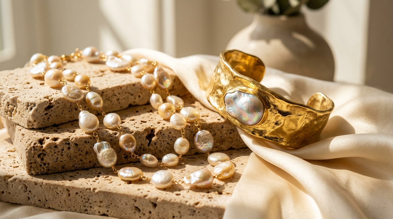 18k gold baroque pearl cuff bracelet and delicate gold chain