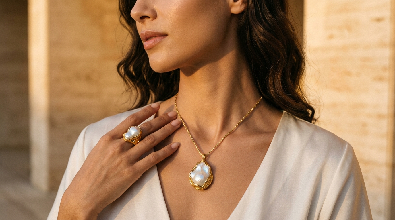 iBijoux baroque pearl pendant in golden light