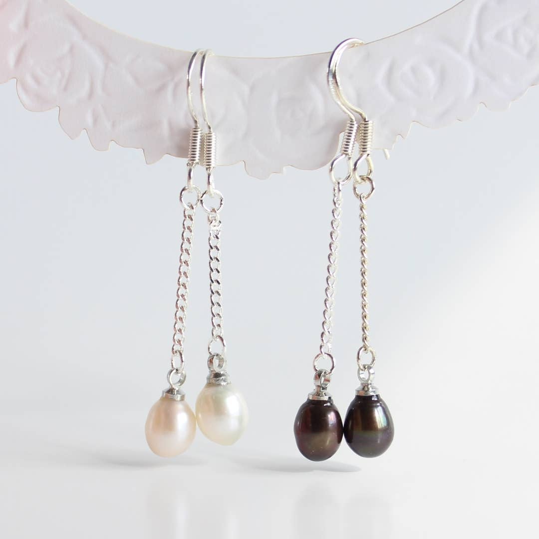 Freshwater Pearl Long Dangle Earrings Sterling Silver